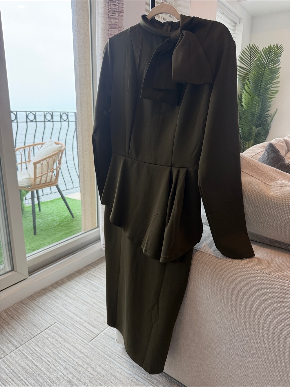 Elegant Olive Green Peplum Tie-Neck Dress
